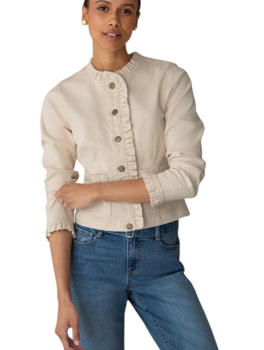 Draper James Cream Ruffle-Trim Jean Jacket